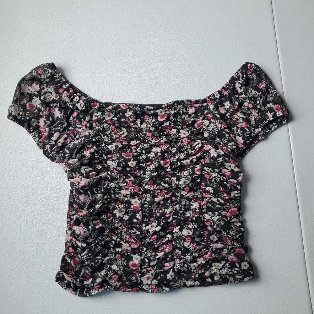 Y2K Fairy Grunge Whimsigoth Crop Top Medium Black Floral Ruched Off Shoulder